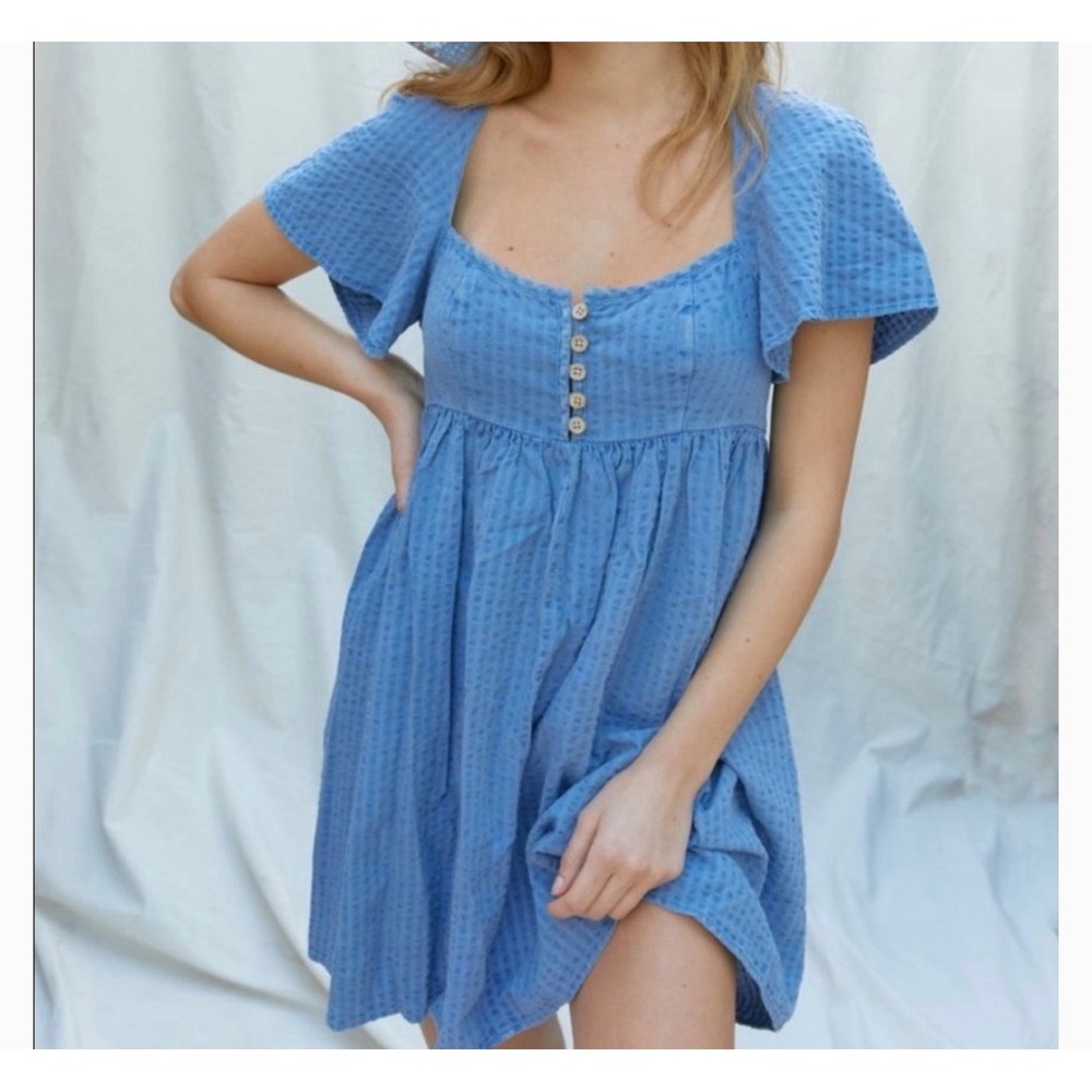 Urban Outfitters Blue Cotton Linen Flutter Sleeve Babydoll Mini Dress Small